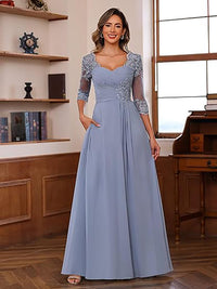 Vestidos de Noiva com Aplicações de Renda, Mangas 3/4, Vestido Formal de Noite Ms2503132