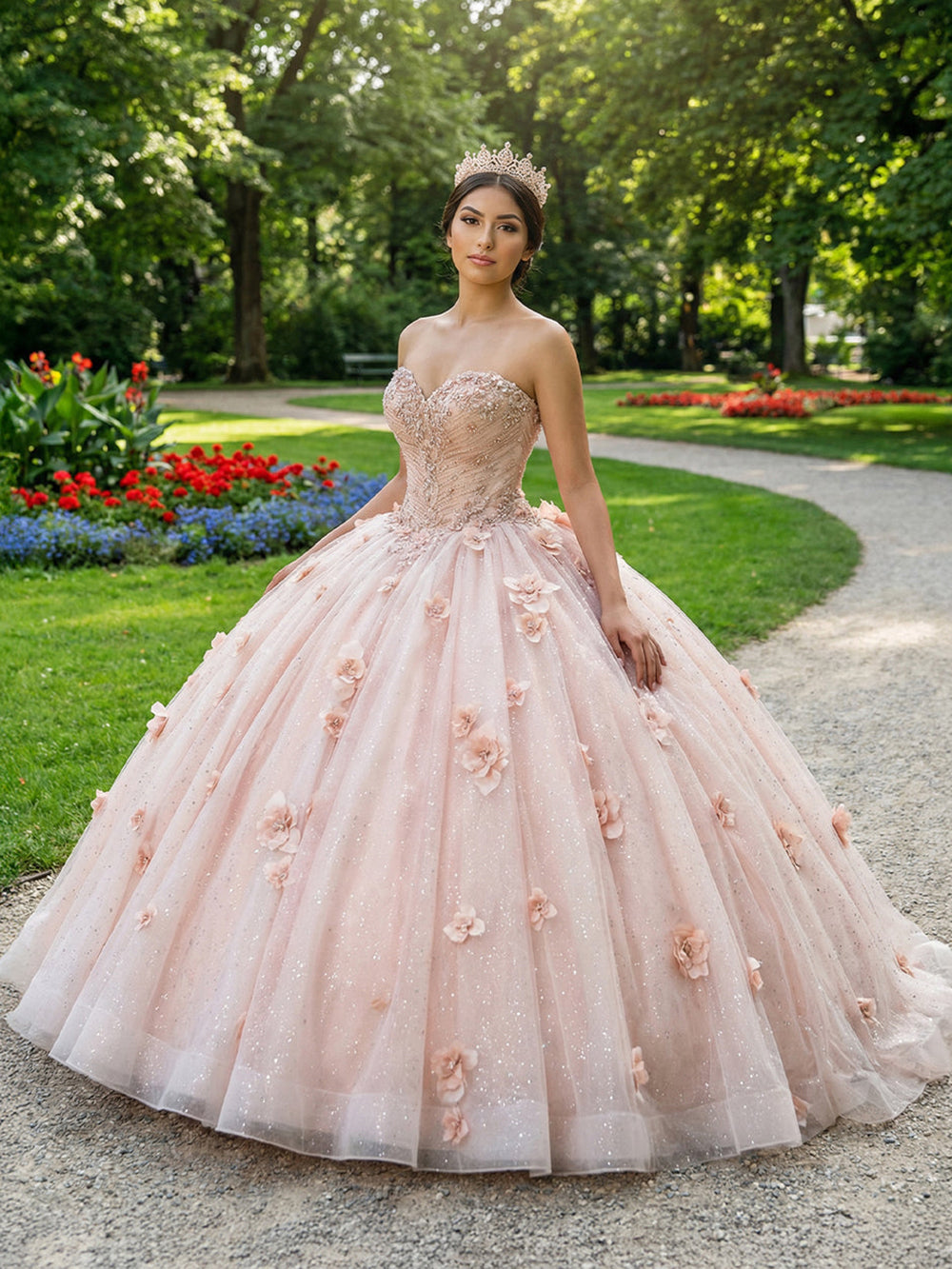 Quinceanera Dress Strapless Ball Gown 3D Floral Applique Glitter Princ –  Msikoods Official Store