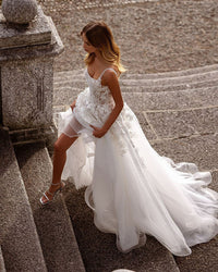 Vestidos de Noiva de Luxo Linha A com Alças de Espaguete Ilusão Flor 3D Vestido de Noiva Sem Costas Vestido de Noiva Princesa