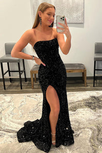 Black Sequin Strapless Party Dress with High Slit Mermaid Prom Dress Ms2509111