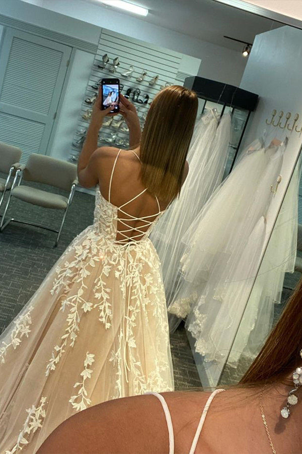 A-Line Spaghetti Straps Prom Dress Lace Appliques Formal Party Dress Ms2507203