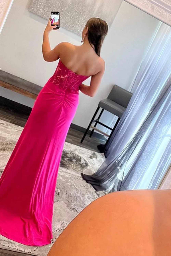 Strapless Corset Prom Dress Sequin Lace High Slit Satin Party Gown Ms2510186