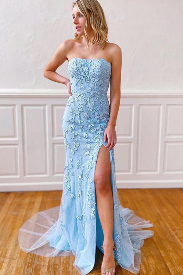 Strapless Lace Appliqué Prom Dress Sexy Slit Mermaid Evening Gown Ms2507244