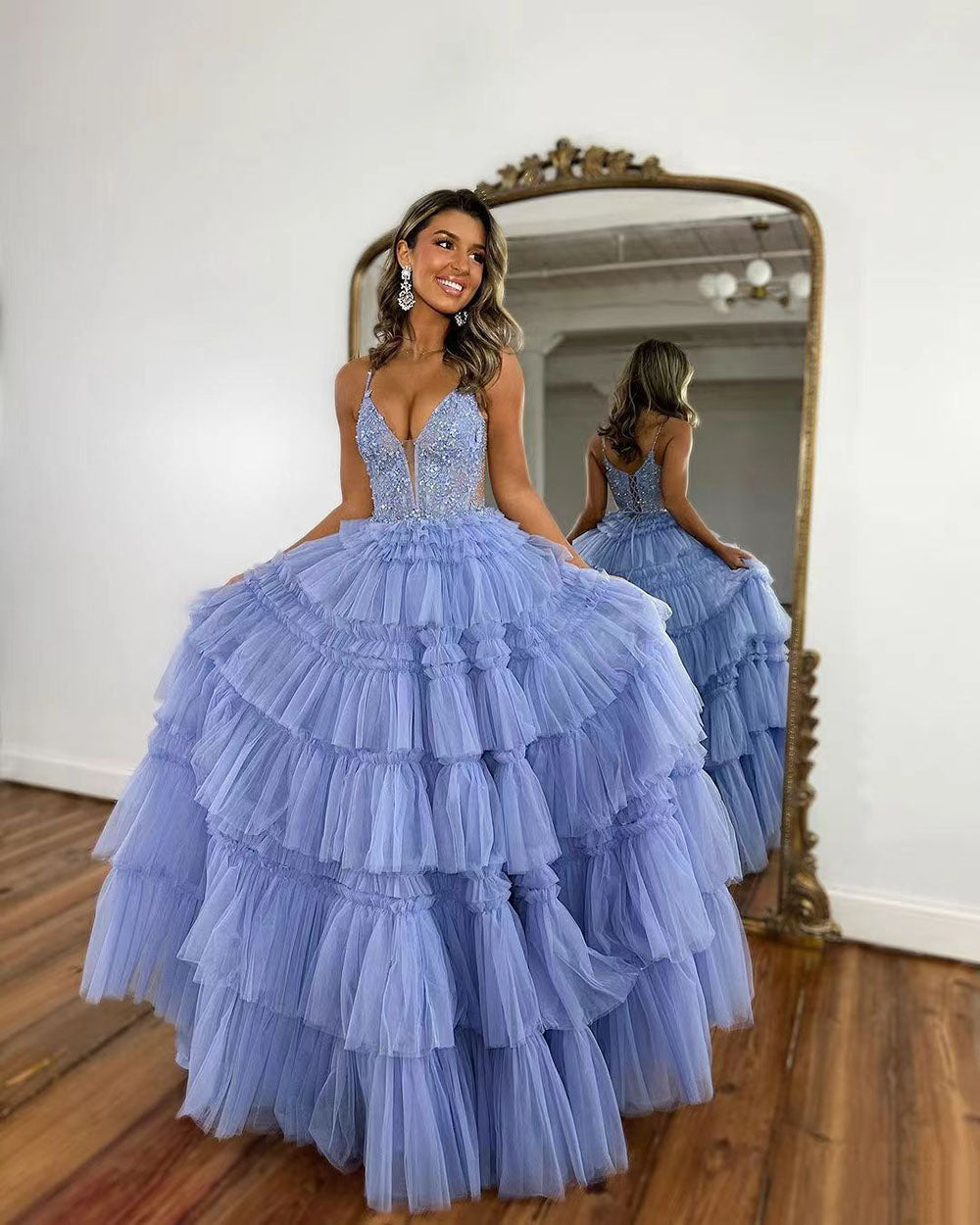 Abiti da sera formali da festa a strati in tulle con volant lunghi, abiti da ballo scintillanti da principessa