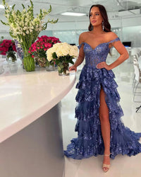 Glitzerndes, gestuftes Tüll-Spitzen-Ballkleid lang für Teenager 2024 Spaghettiträger formelle Hochzeitsabendkleider