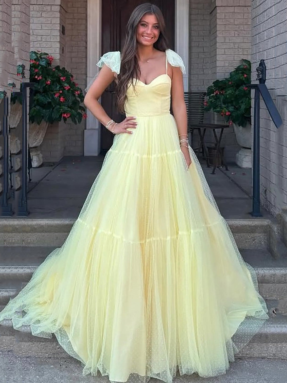Yellow Tulle Prom Dress Spaghetti Strap A Line Ball Tiered Evening Par   Msikoods Official Store