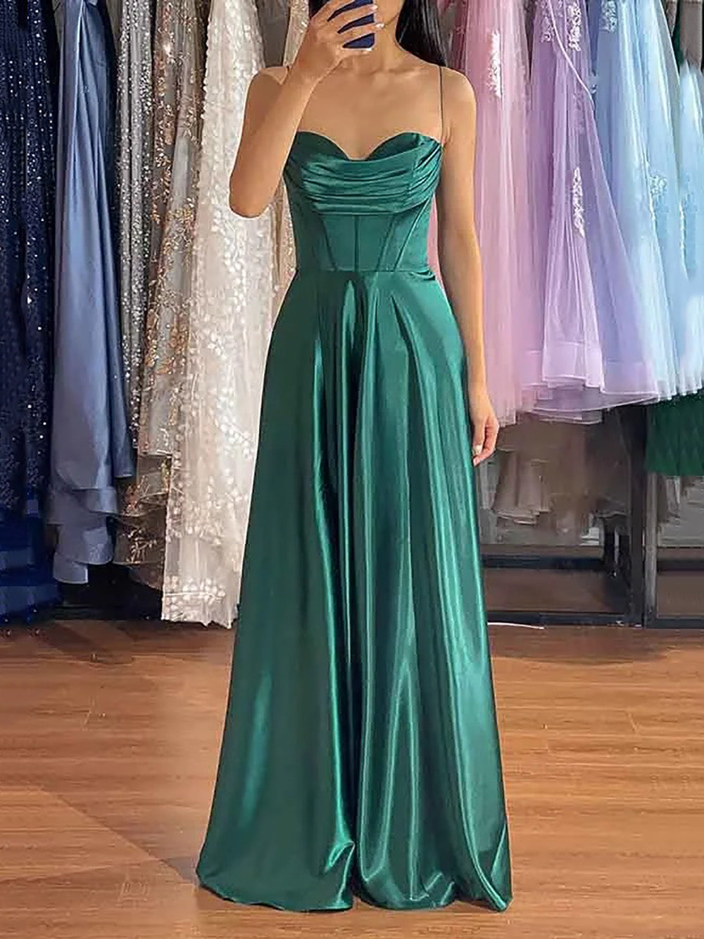 open lace back dress Dolores |Dark Green Prom Dress Long Mermaid Pleated Corset Spaghetti Straps  with Slit