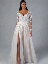 Vestido de Noiva com Apliques de Renda Romântica, Ombros Descobertos, Tule, Corte em A, Vestidos de Noiva Ms2503262