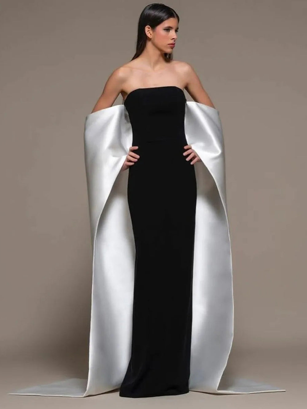 Black Strapless Elegant Evening Gown with Detachable White Satin Cape Msikoods Official Store Black Strapless Elegant Evening Gown with Detachable White Satin Cape Msikoods Official Store