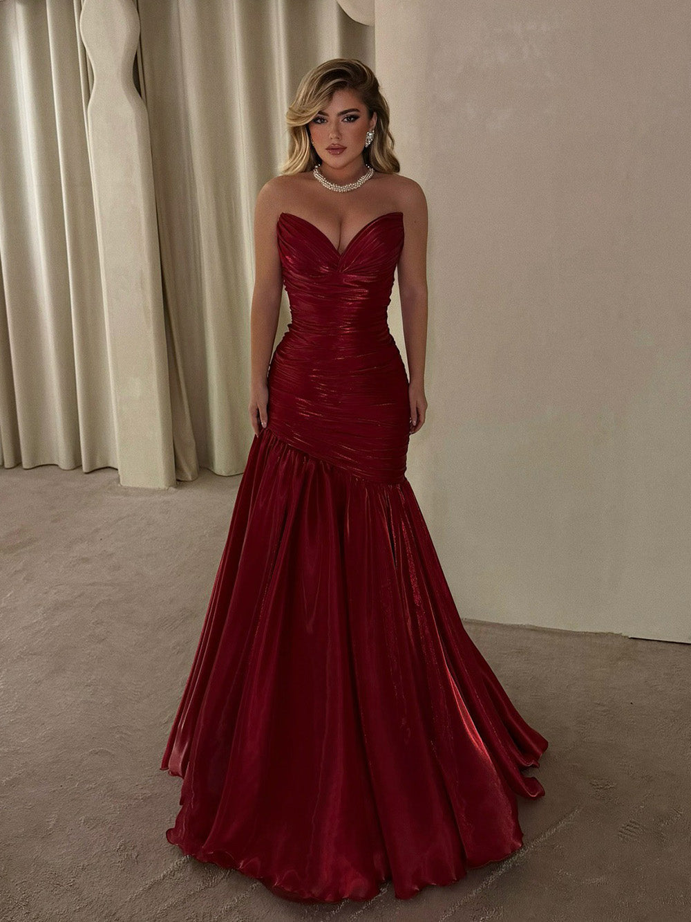Burgundy Sweetheart Mermaid Prom Dresses Shiny Ruched Formal Evening G –  Msikoods Official Store
