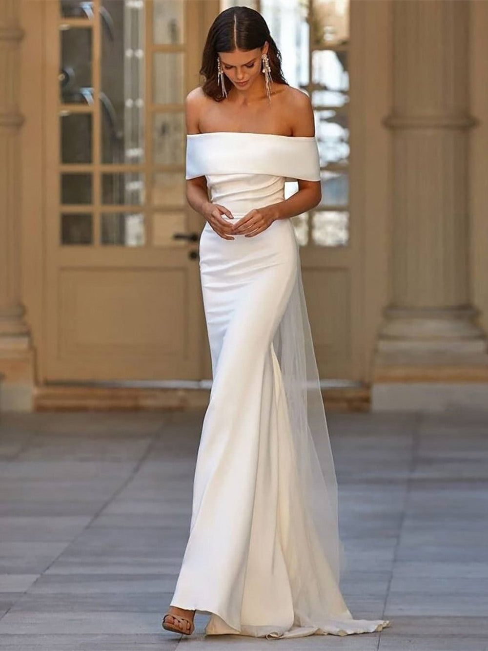 simple off the shoulder mermaid wedding dress Elegant Off Shoulder Mermaid Wedding Dress For Women Simple Sweep Trai –  Msikoods Official Store