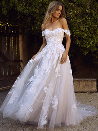 Romantic Off Shoulder Lace Appliques Wedding Dress A Line Tulle Bohemian Bridal Dress Ms2503244