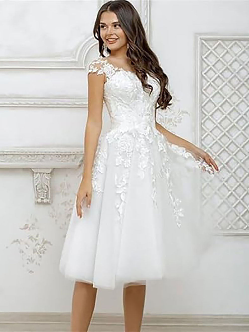 Women's Short Wedding Dresses for Bride Tea Length Lace Bridal Gowns A –  Msikoods Official Store