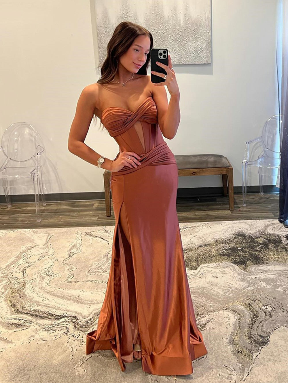 Elegant Satin Corset Evening Gown Floor Length Side Slit Sexy Party Dress Prom Formal Events