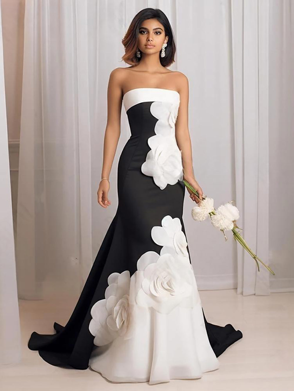 Schwarze und weiße Blumen Promi-Kleider Meerjungfrau formales Abendkleid Frauen Prom Party Kleid
