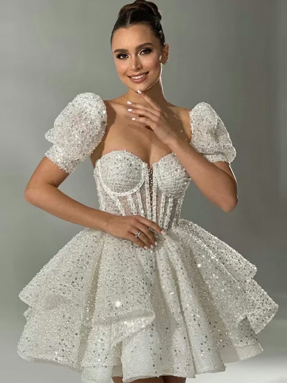 Litter Puff Sleeve Short Corset Wedding Party Dress Sparkling Layered Bridal Gown