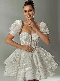 Litter Puff Sleeve Short Corset Wedding Party Dress Sparkling Layered Bridal Gown