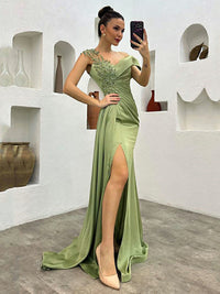 Vestido de Baile Elegante Verde-Sálvia Ombro a Ombro com Apliques de Contas Vestido de Festa Sexy com Fenda Alta