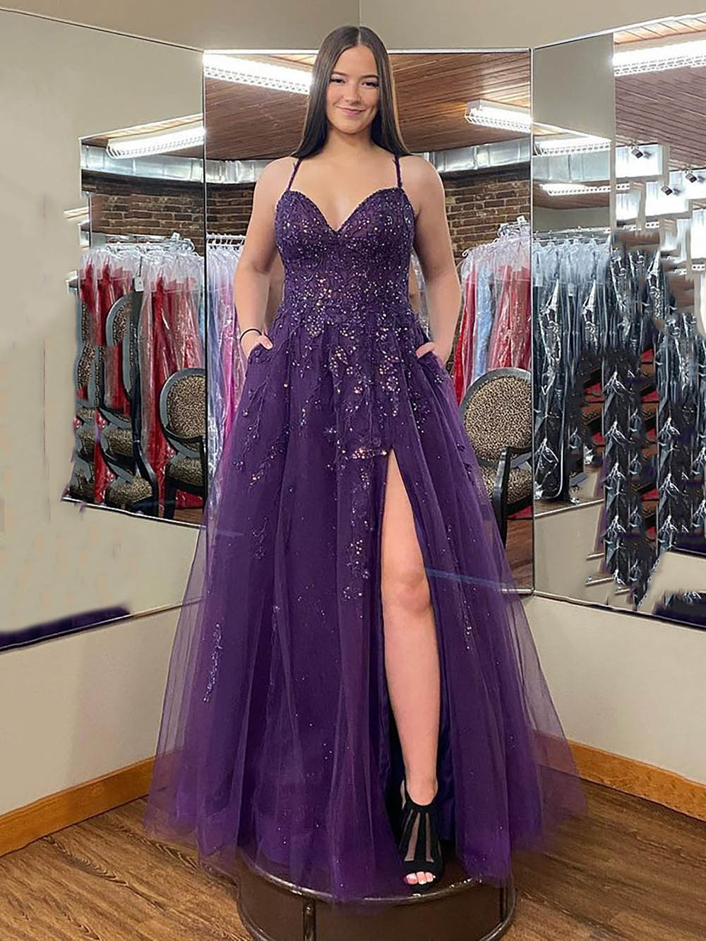 Sparkly Lace Tulle Prom Dress With Pockets Slit Grape Graduation Dress – Msikoods Official Store