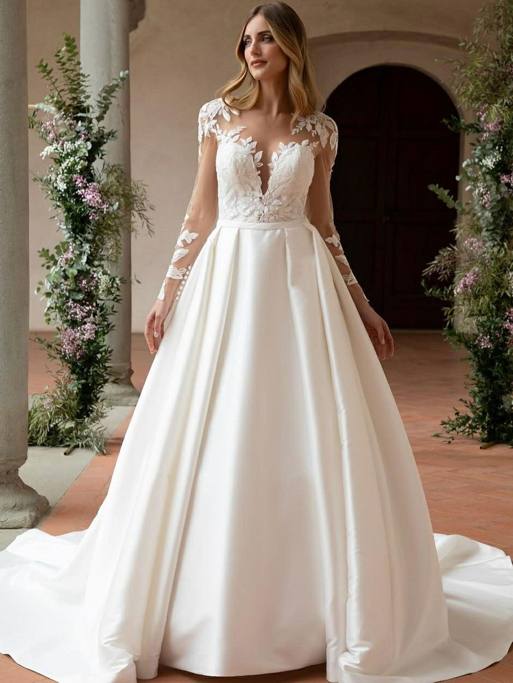 Elegante abito da sposa in raso da donna con maniche lunghe, schiena sexy scoperta, abito da sposa con applicazioni in pizzo