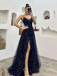 Vestidos Formais de Tule Brilhante para Mulheres com Decote em V, Pregas, Sexy, Fenda Alta, Alças Finas, Vestidos de Baile