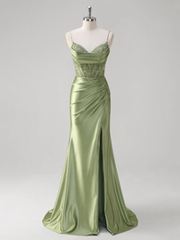 Abito da sera elegante a linea A con pieghe, scollo a cuore, spacco alto sexy Ms2504012