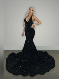 Robe de soirée sirène noire pour femme, col en V, paillettes, traîne douce, dos nu, robe de soirée sexy, robe de bal