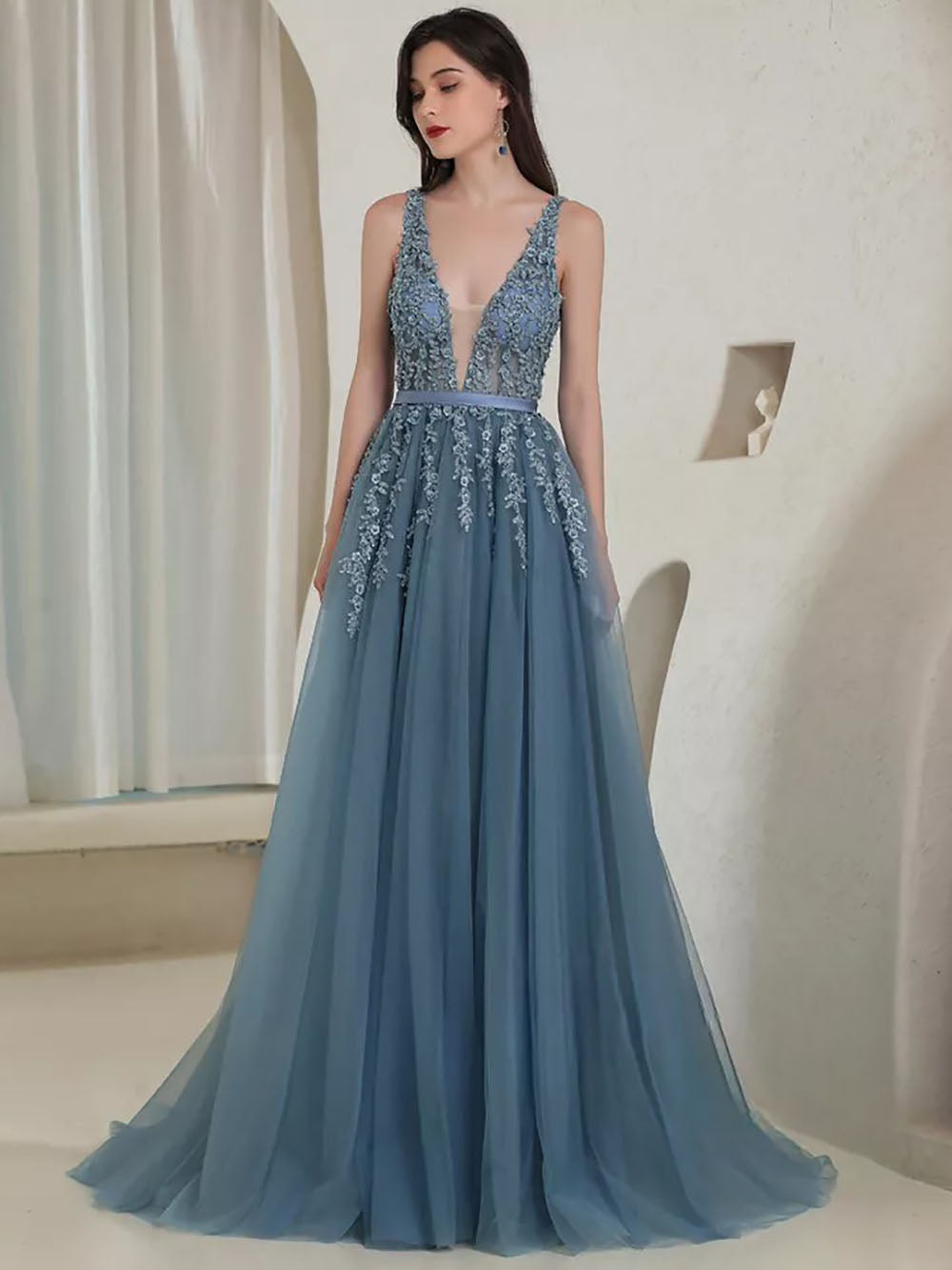 Robe de soirée longue élégante à col en V en dentelle grise et bleue, robe de bal sexy dos nu