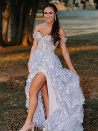 Vestidos de baile formais com lantejoulas, folhos em camadas e decote ombro a ombro, aplicações de renda, corpete brilhante