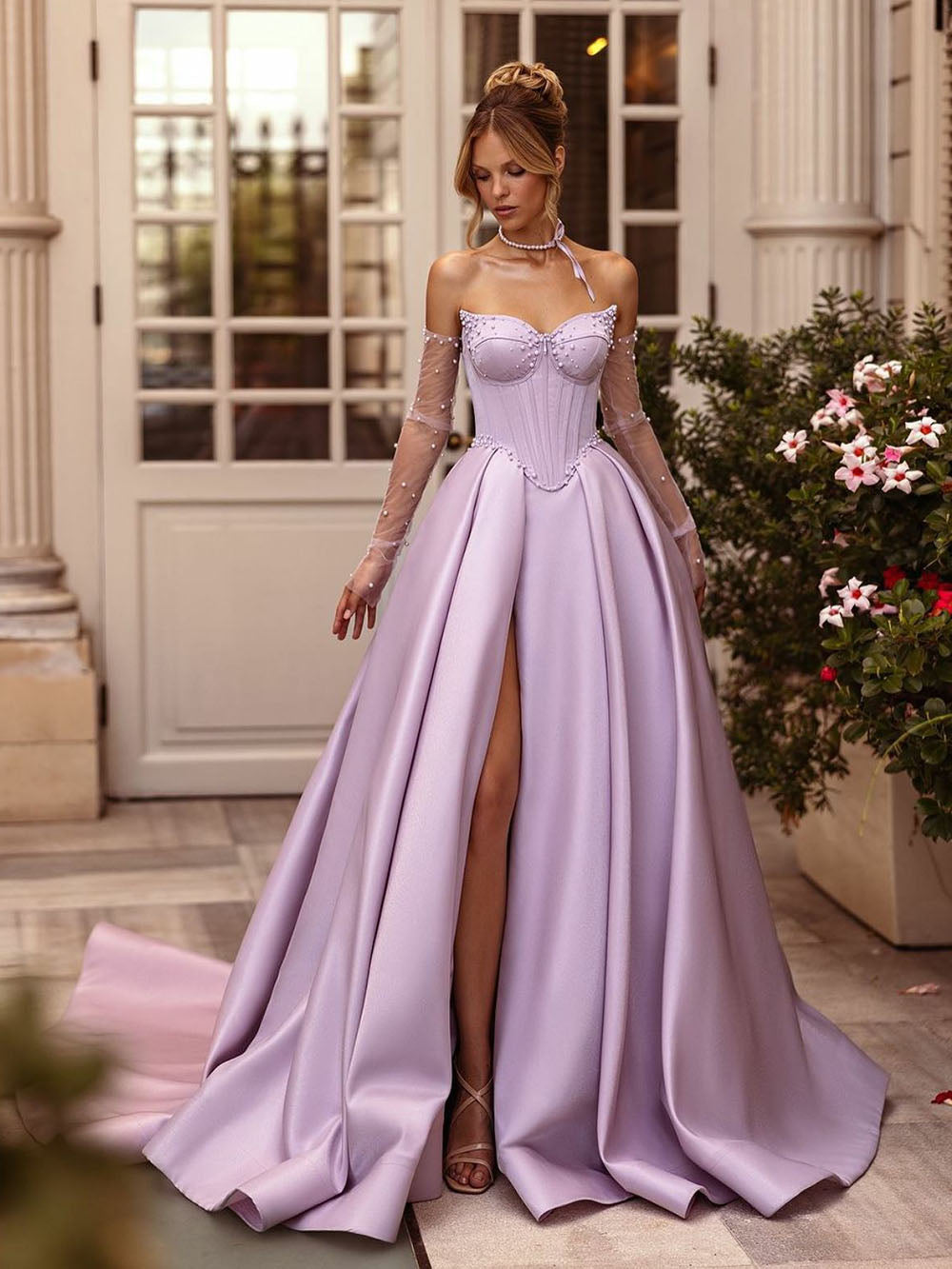 Vestido de Noite com Corpete de Pérola 2025 Vestido de Festa Lilás com Fenda Vestido de Baile Ombro a Ombro Ms2504153