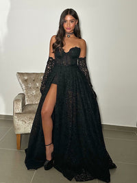 Sexy abiti da sera in pizzo con scollo a cuore, linea ad A, nero, elegante, da celebrità, con spacco alto, abito per festa notturna