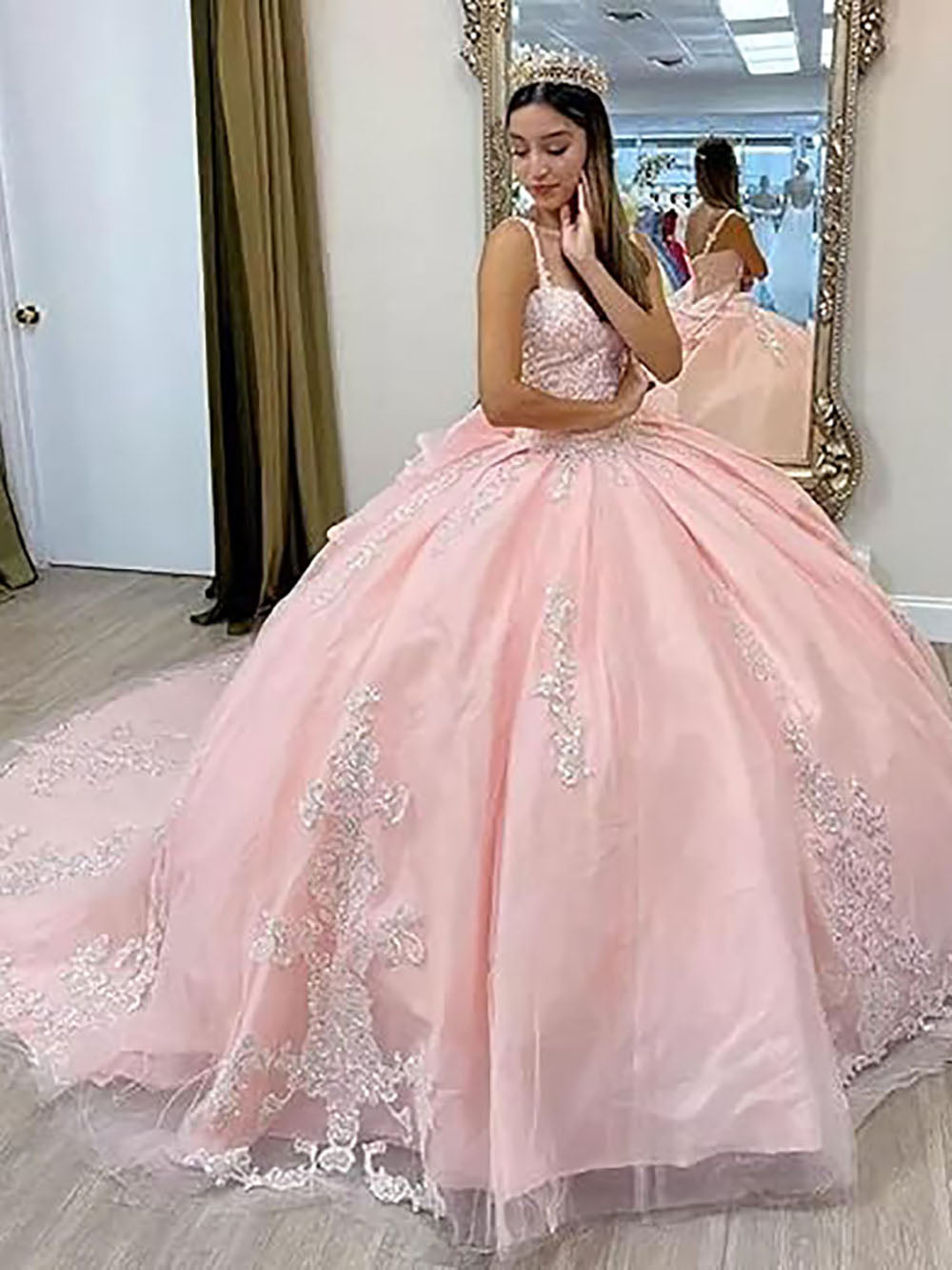 Women's Spaghetti Straps Quinceanera Dresses Ball Gown Sequin Applique –  Msikoods Official Store