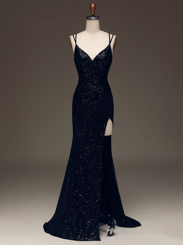 Black Sequin Spaghetti Strap Prom Dress High Slit Sexy Formal Dress Ms2508041