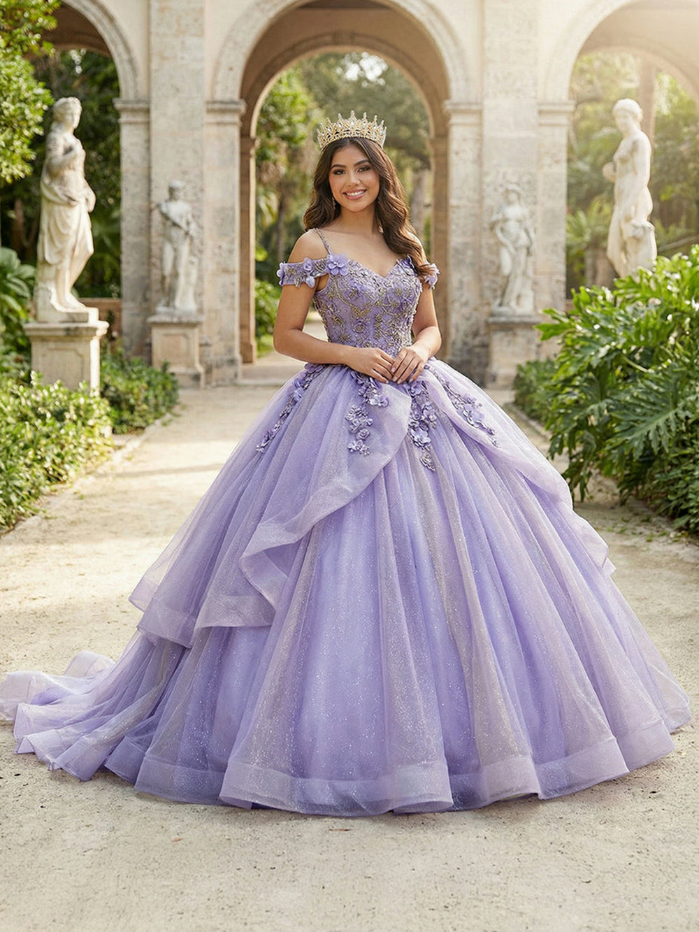 lavender glitter dress Quinceanera Beads Flower Off Shoulder Tulle Swe – Msikoods Official Store Size:XL - Bust 42-48