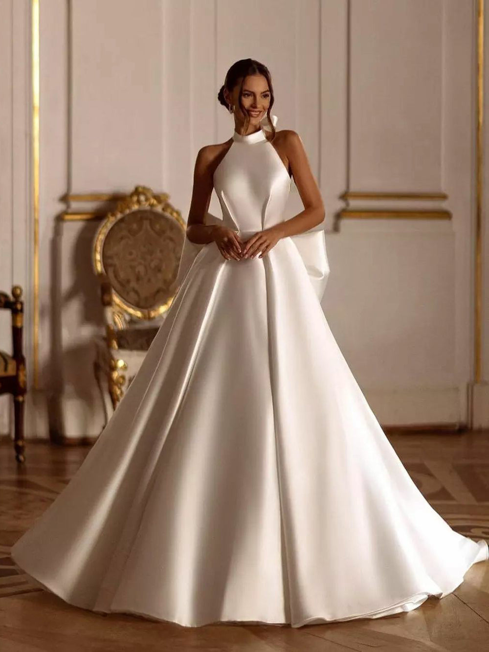 Elegant Satin Ball Gown Wedding Dress Halter Neck Overside Bow Bridal Msikoods Official Store Elegant Satin Ball Gown Wedding Dress Halter Neck Overside Bow Bridal Msikoods Official Store