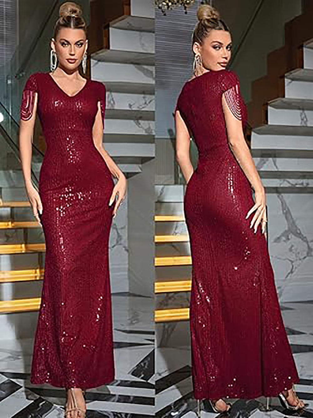 Vestido Formal de Noite para Mulher com Decote em V, Lantejoulas, Contas, Tassel, Manga Curta, Estilo Sereia, Vestido de Baile 2024, Vestido Maxi para Festa