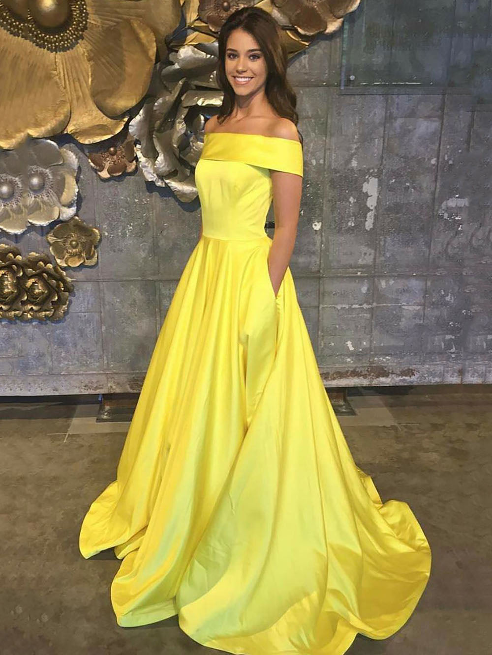 Yellow Off Shoulder Satin Prom Dress with Pockets Evening Gown Ms2509111