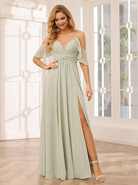 Abito da damigella con spalline sottili, spacco, chiffon plissettato, scollo a barca, linea ad A, abito formale da sera per donna