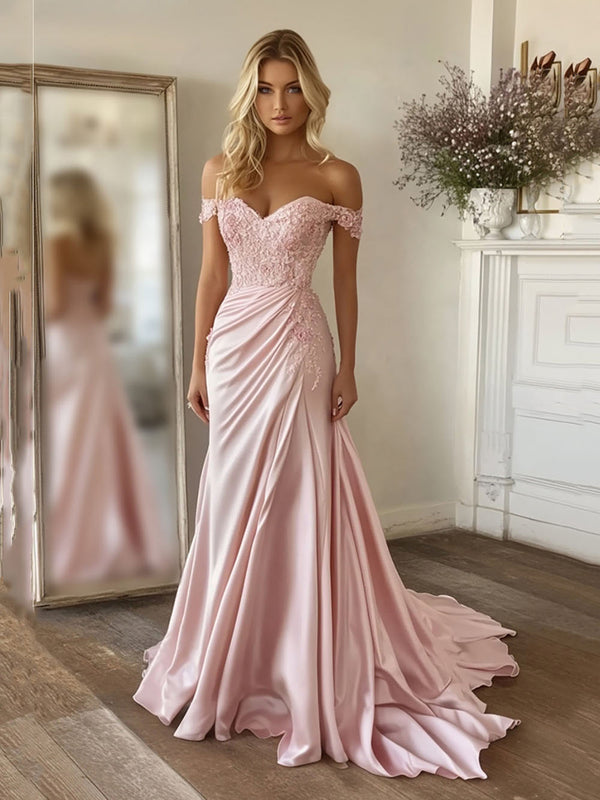 Pink Lace Mermaid Prom Dress Appliques Strapless Satin Evening Gown Ms2507223