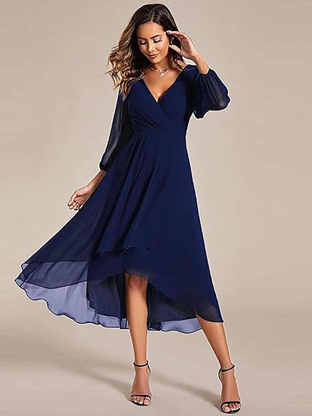 Women's Chiffon V Neck Prom Dress Long Sleeves Bridesmaid Dress Midi Length Wedding Guest Dress
