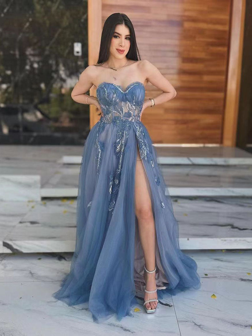 Abito da sera lungo da donna formale con scollo a cuore, tulle, pizzo, linea ad A e spacco sulla coscia