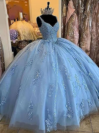Abiti da ballo Quinceanera da donna con scollo a cuore, spalline sottili, applicazioni in pizzo, abiti Sweet 16 per adolescenti