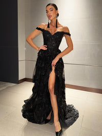 Off Shoulder Prom Dress Layered Lace Sequin Sexy High Slit Formal Evening Gaduation Dress Ms2506072