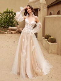 Detachable Long Puff Sleeves Wedding Dress V-neck Lace Flore Boho Bridal Dress Ms2503182