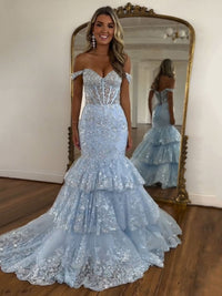 Vestido de Baile com Corpete, Decote Coração, Babados em Camadas, Fenda Alta, Sereia de Renda Brilhante Ms2504111
