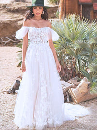 Vestidos de Noiva Boémia com Apliques de Renda, Decote Ombro a Ombro, Vestido de Noiva Linha A, Vestido de Casamento Boho
