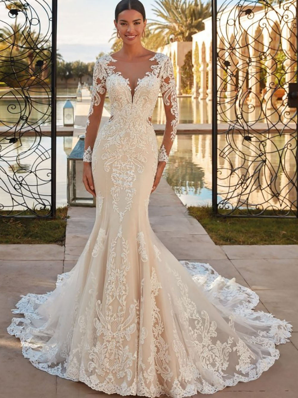 Boho Sheer O-neck Mermaid Wedding Dress Classic Lace Appliques Long Sleeves Elegant Bridal Gown