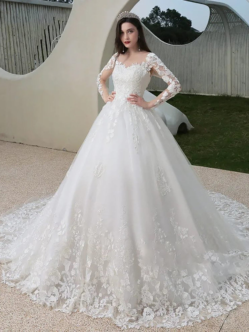 long sleeve wedding dresses indian Lace Romantic Wedding Gowns For Women Long Sleeves France India Bride –  Msikoods Official Store