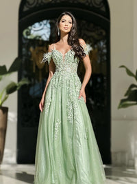 Luxurious Feather Prom Gown Appliques Graduate Party Gown High Slit Formal Dress Ms2504021