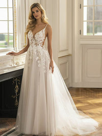 Vintage A Line Wedding Dresses Spaghetti strap Lace Appliques Tulle Princess Bride Gowns Backless Bridal Dress